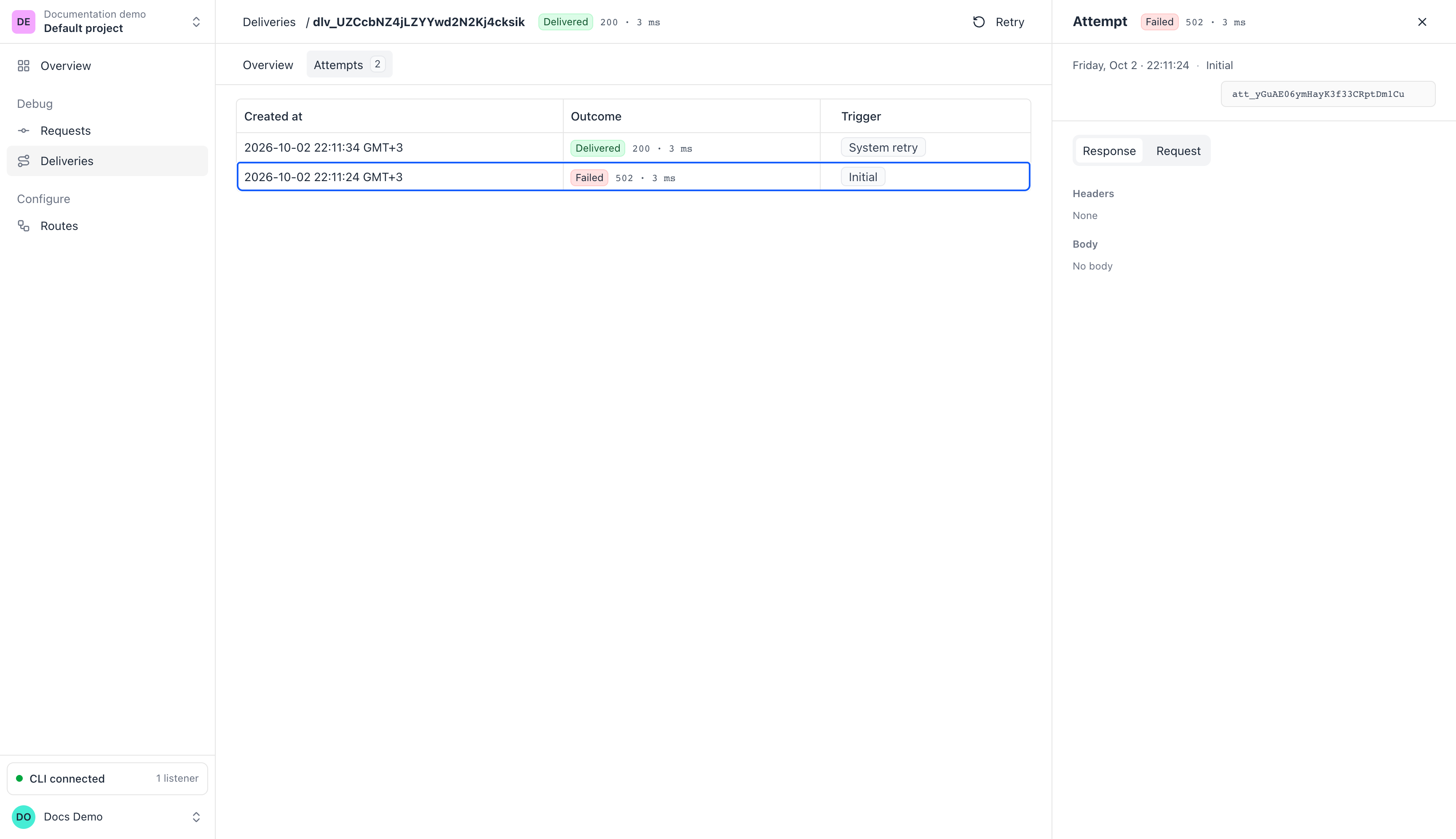 Two attempts on one delivery: an Initial attempt that failed with 502 and a later System retry delivered with 200.
